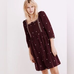 Madewell (2) Burgundy Wine Fall Embroidered Corduroy Button-Front Mini Dress